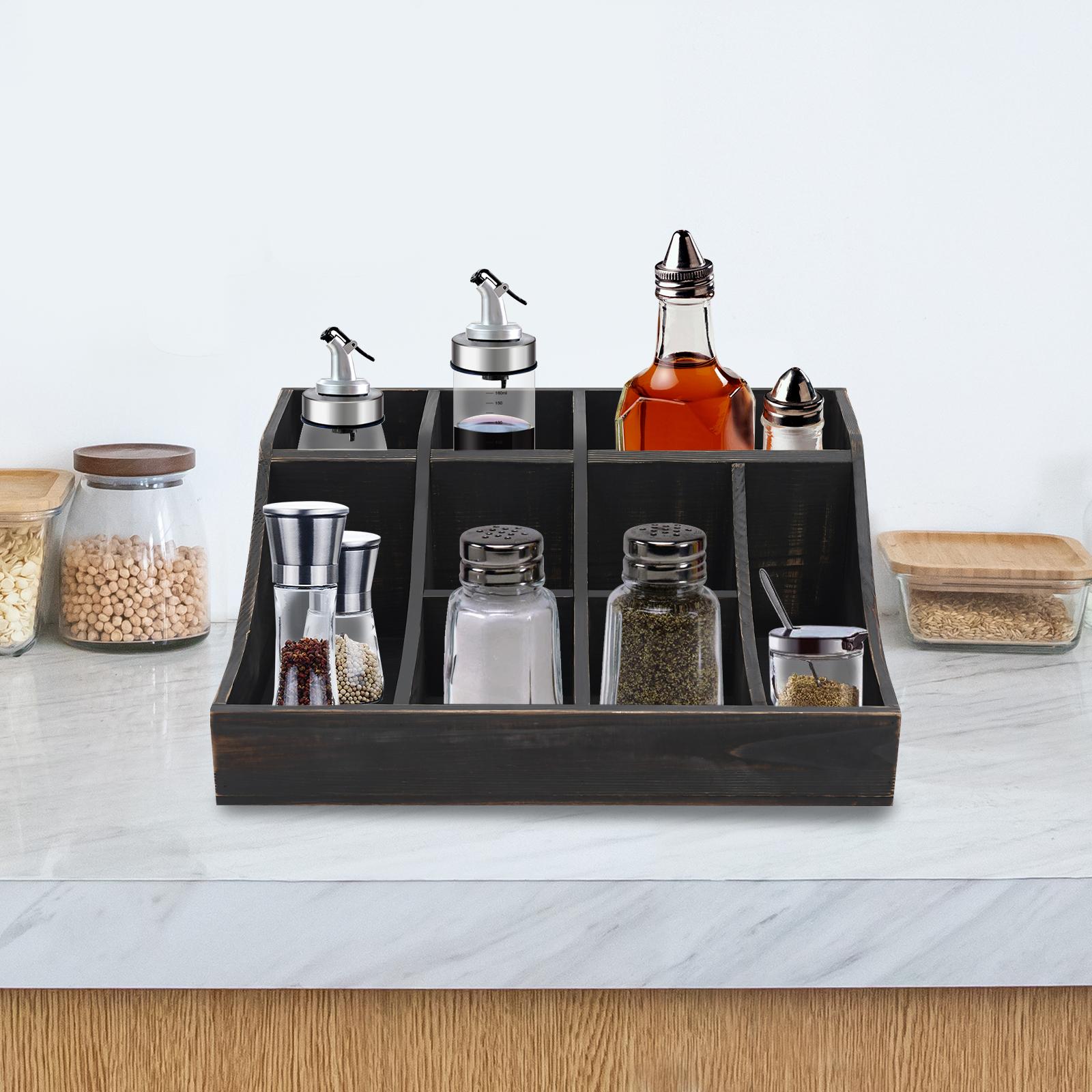 9-Compartment Wooden Condiment Organizer,Black Tabletop Condiment Holder 41*32*16cm for Kitchens,Living Rooms nero