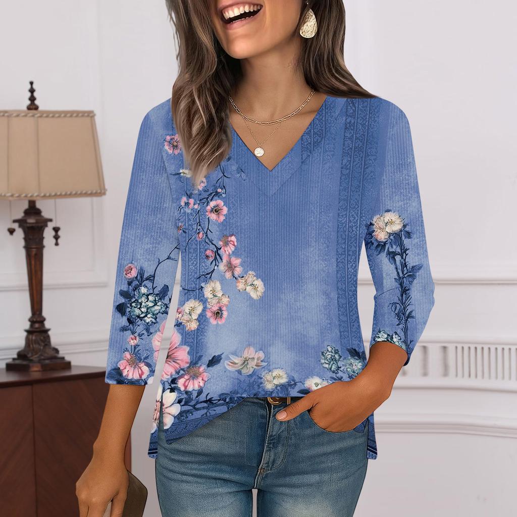 3/4 Sleeve Shirts For Women  Print Graphic Tees Blouses Casual Plus Size Basic Tops Pullover