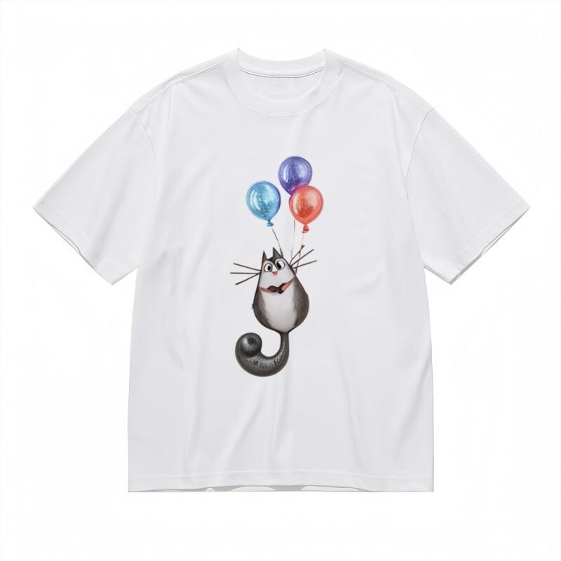 

Women s Breathable Classic T-Shirt Round-Eyed Cat Balloon Graphic Design Tee S
