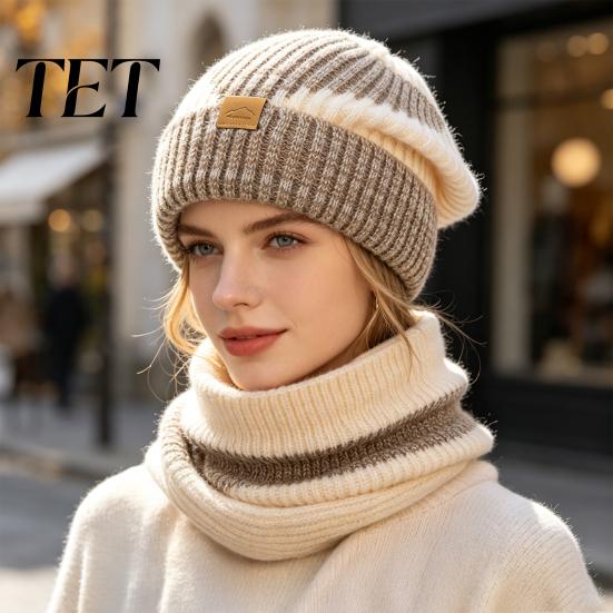 Winter Fashion Accessory for Ladies Hat Neck Warmer Set, Fleece Lined Knitted Hat, Thickened Warm Thermal Cold Weather Knit And Scarf Women Commuting
