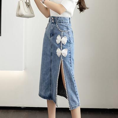 Nail Bead Bow Denim Skirt for Women's Summer Wear High Waisted Split Hip Skirt