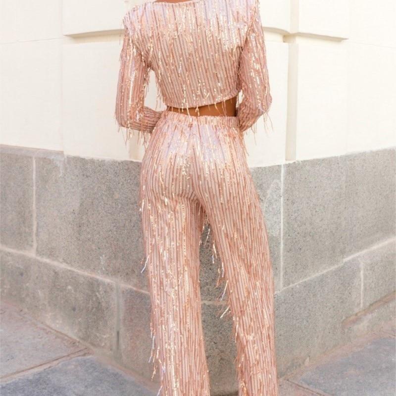 Paiete cu ciucuri Femei Seturi 2 piese Argintiu Mătase strălucitoare Topuri crop cu decolteu Pantaloni largi Pantaloni pentru femei Set de pantaloni pentru femeie Fashion Street Lady Set Legant Party Sexy Outfits