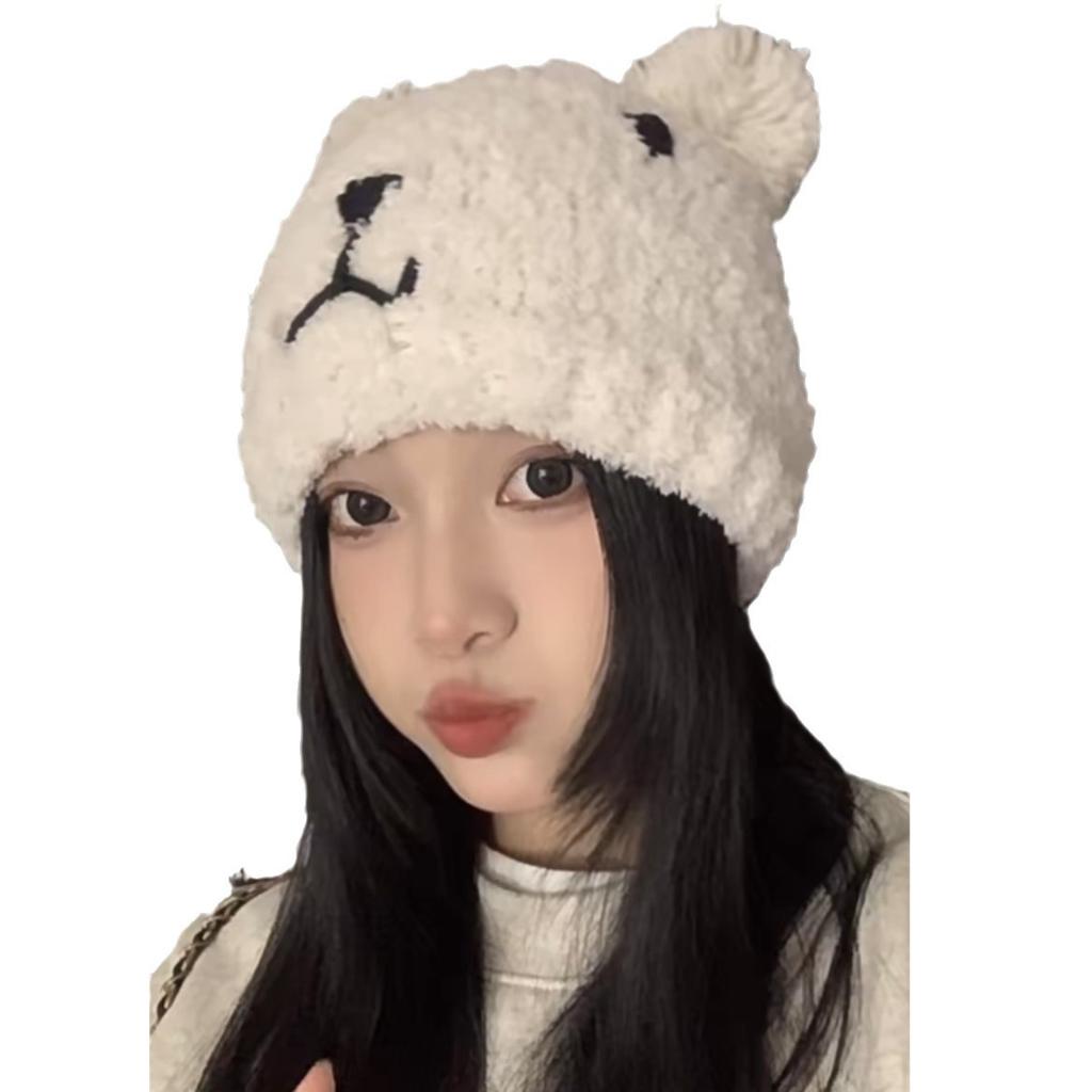 Star With The Same Bear Cute Lamb Wool Knitted Hat Women'S Winter Warm Ear Protection Pullover Hat Literary Cute Wool Hat