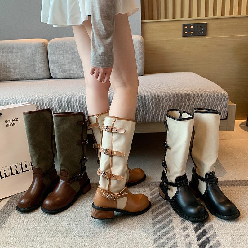 Retro splicing long tube stacking boots women's autumn new belt buckle knight boots thick heel tall cowboy boots