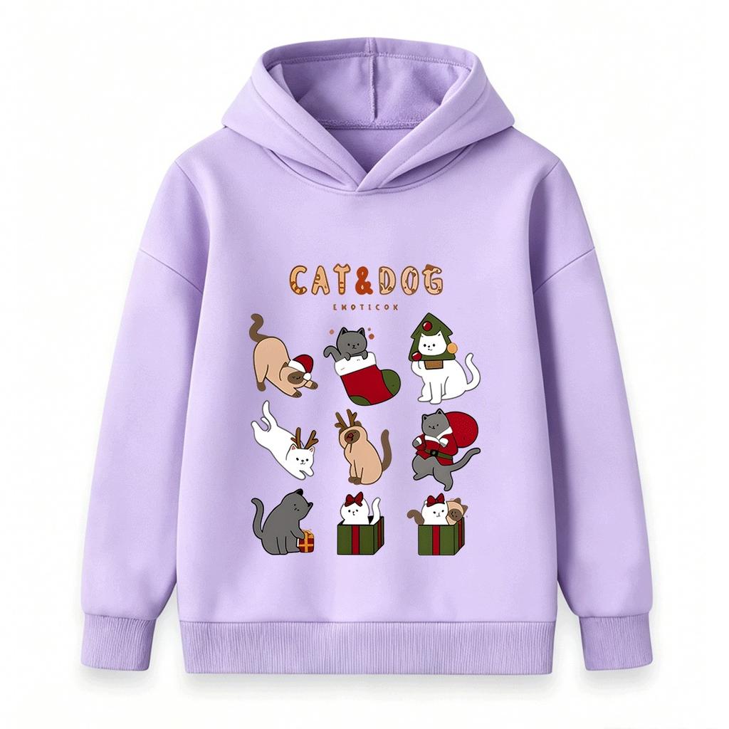 Kids Boys Girls Christmas Cat Cartoon Print Hoodie, Casual Long Sleeve Pullover Sweatshirt for Holiday Daily Wear