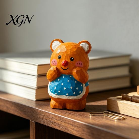 Cute Bear Desktop Decoration Hand-Carved Basswood Ornament, Apron Wood Decorative Figurine, Car Interior Accessory Statue for Shelf And Home