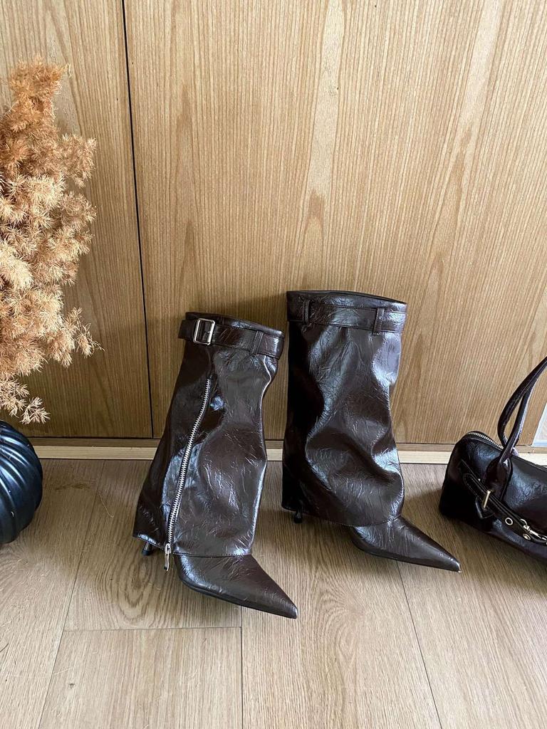 2025 autumn and winter new fashion boots British leather buckle pointed women's boots personalized zipper trouser boots design sense medium boots