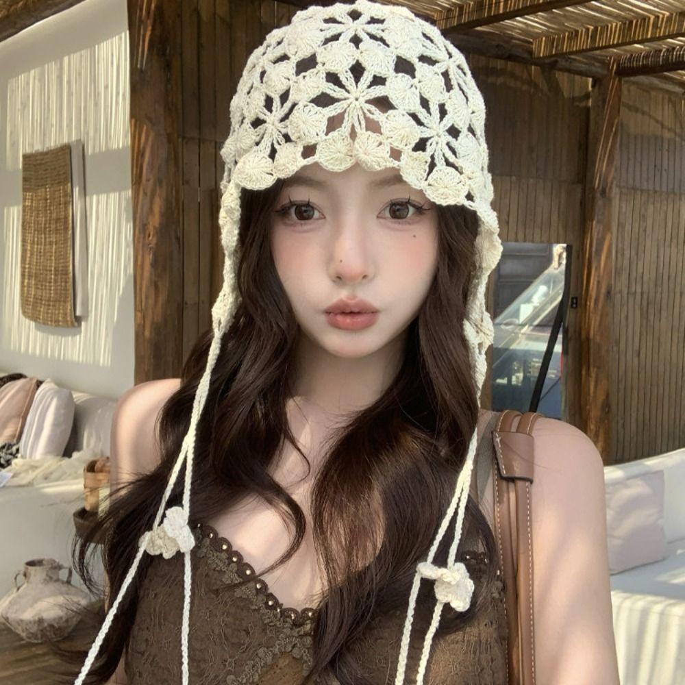 Tassel Hollowed Out Knitted Hat Floral Bohemian Style Beanies Cute Weave Cap Apparel Accessories