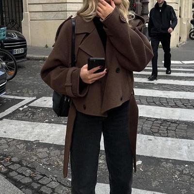 Damen-Wollmantel Herbst/Winter 2026: Europäischer & Amerikanischer Stil, Umlegekragen, Bindegürtel, Langarmjacke.