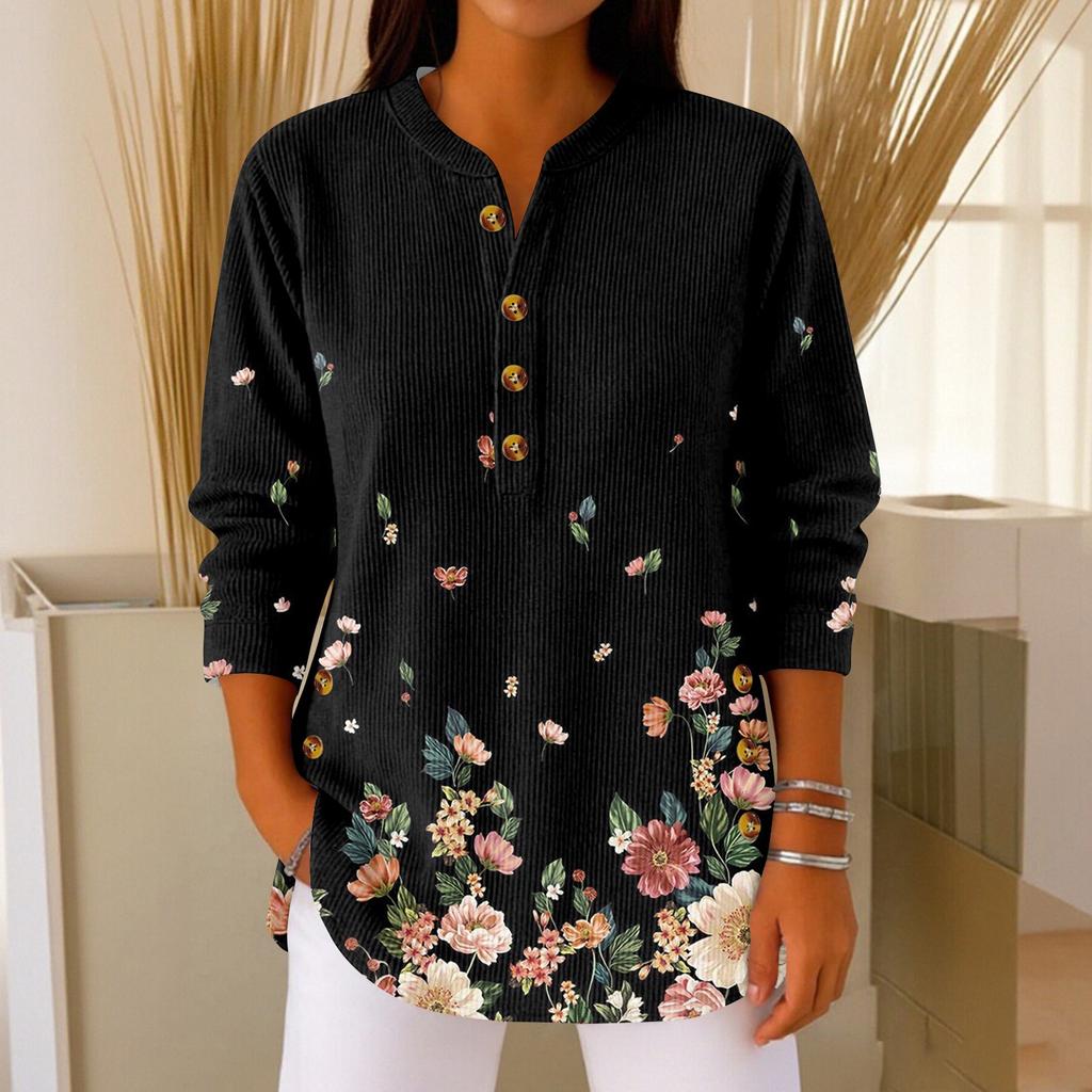 Damen Modisches Knopfkragen Langarm Weihnachtsdruck Pullover Top