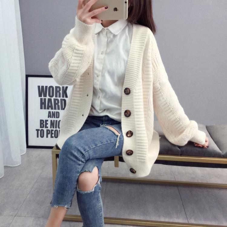 Women's Lantern Sleeve Knitted Cardigan - 2026 Autumn New Style, Solid Color, Versatile, Loose Fit Sweater