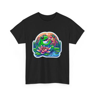 Unisex Erwachsenen T-Shirt Frosch isst Pizza Seerosen-Teich Natur Neuheit Tier T-Shirt
