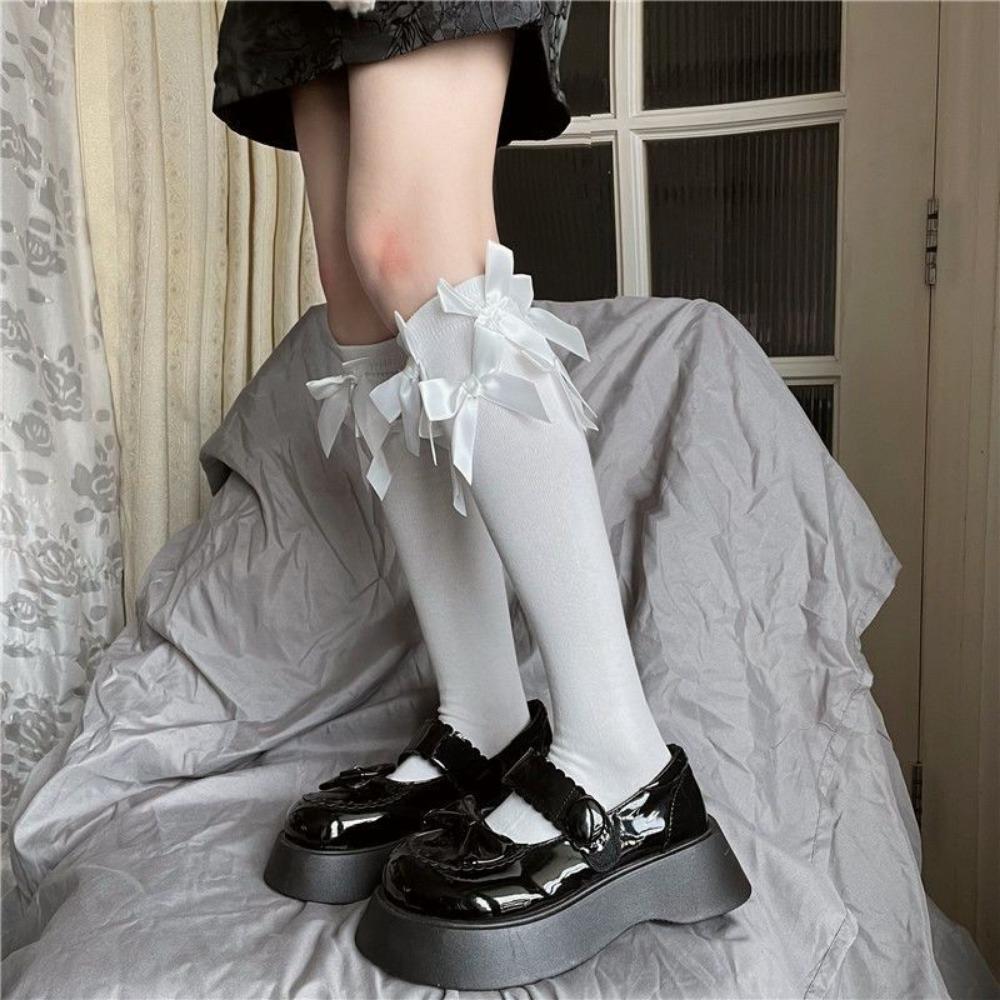 Multiple Bow Tube Socks Children Summer Thin Cute Japanese Design Sense Black Jk Calf Socks Babes