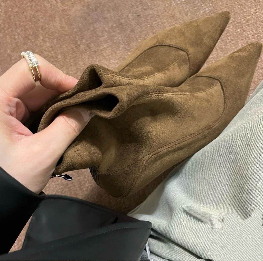French Temperament Pointed High-heeled Short Boots Women's Thin Boots Autumn and Winter Suede Thin-heeled Back Zipper Fashion Boots