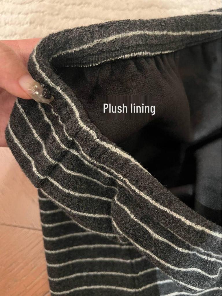 Winter Women's Cozy Korean Long Skirt with Fleece, Striped Color Block, and Comfortable H-Shape Design
