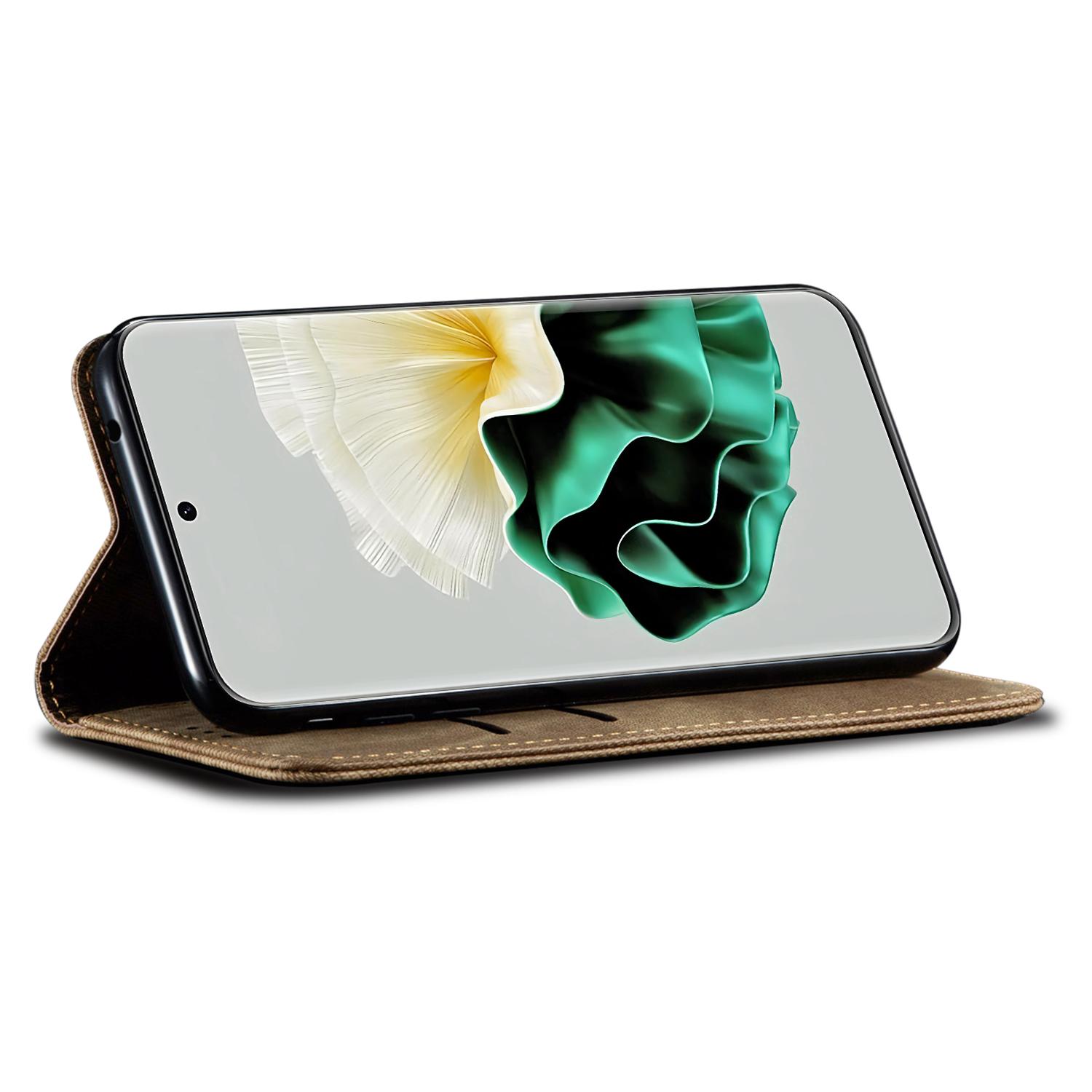 

For Huawei P60 Pro/P60 Cell Phone Case PU Leather Jeans Cloth Texture Wallet Stand Phone Cover Khaki