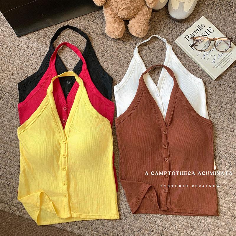 Women Summer Solid Color Sleeveless Halter Bare Midriff Vest Top