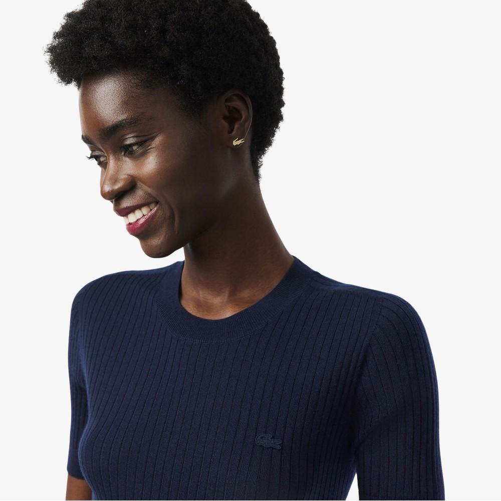 [Lacoste] Women's Fine Merino Wool Rib-Knit Short-Sleeve Sweater AF4146-56G166