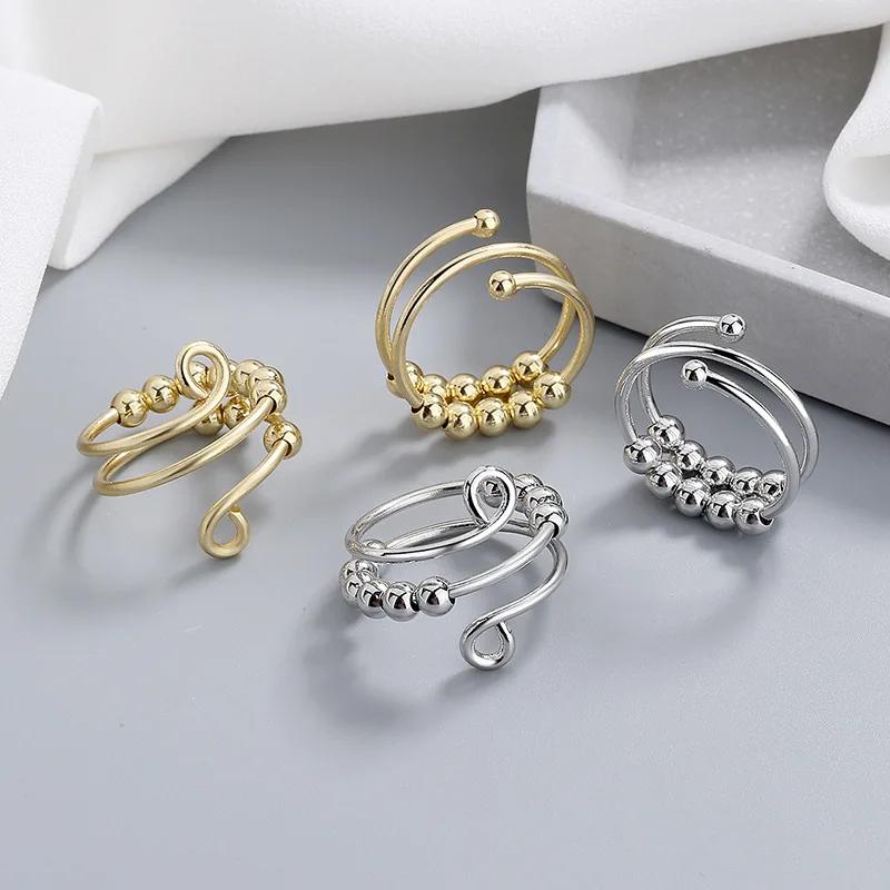 YILUOCD 2024 Rotate Beads Adjustable Anxiety Rings For Women Men Stress Relief Fidget Spinning Ring Copper Jewelry