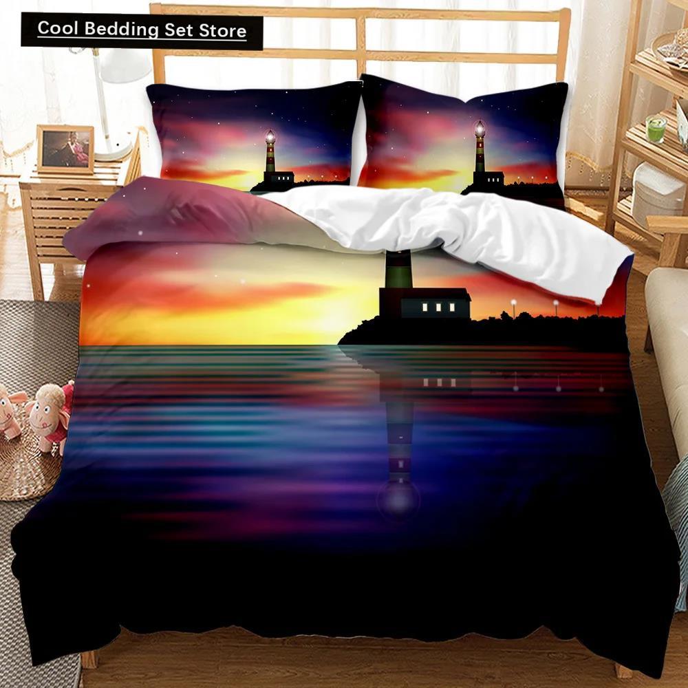 Lighthouse Duvet Cover Ocean Comforter Cover Nautical Quilt Cover Sunset Nature Double Queen King Size Polyester Bedding Set