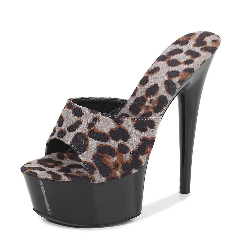Fashion Sexy High-heeled 15cm Leopard Print Woman Slippers Sandals Platform Nightclub Shoes Waterproof Thick Bottom Heels Slippers