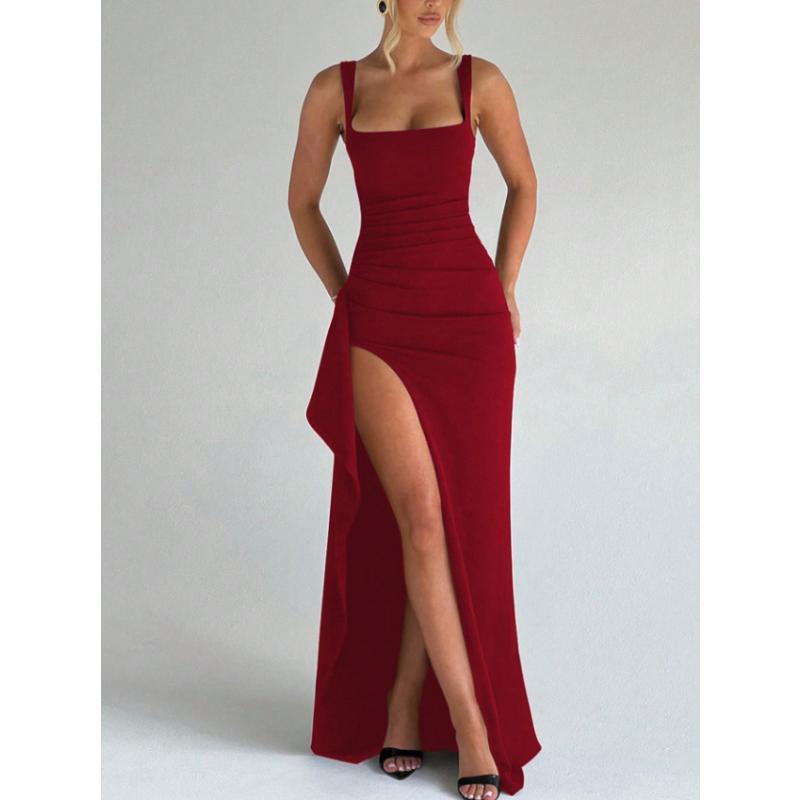 Wide Strap Square Neck Maxi Dress Ruched High Slit Elegant Bodycon Long Gown Multicolor Draped Side Split Sleeveless Evening Party Formal Prom Dress
