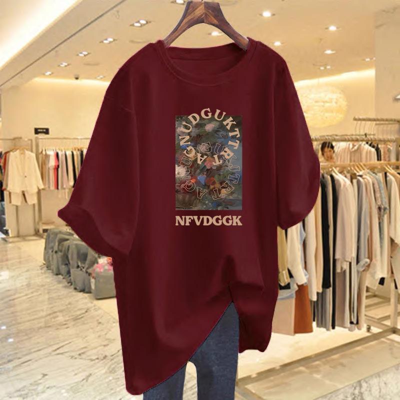 New Women's Summer White Cotton Printed Loose Round Neck Short Sleeve T-Shirt