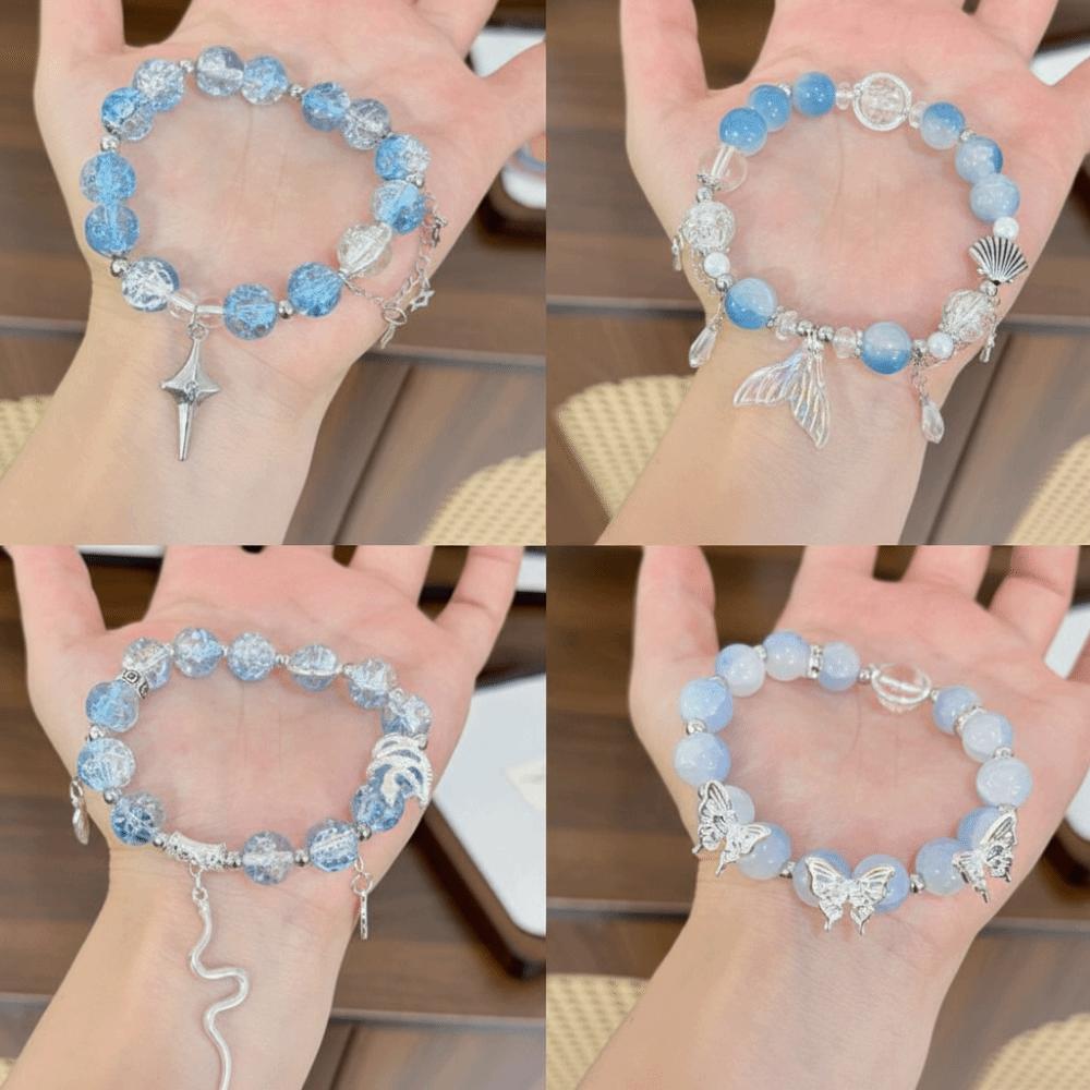 New Crystal Beads Beaded Bracelet Elastic Rope Chinese Style Glass Bead Bracelet Fantasy Blue Elastic Rope Bracelet For Women