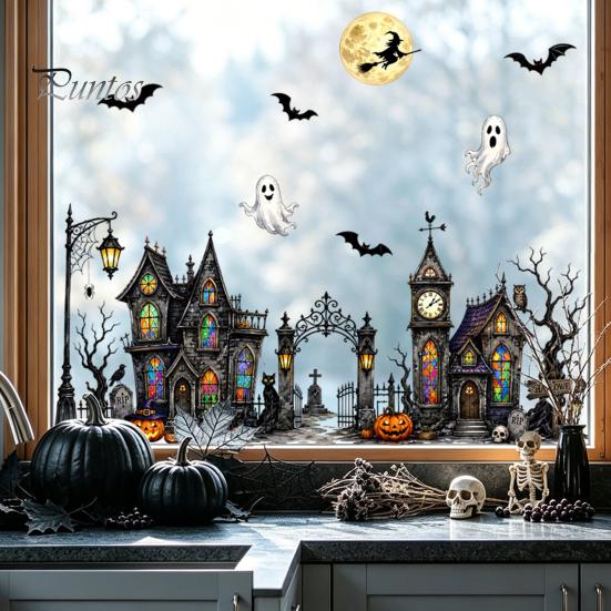 Seasonal Room Accents Halloween Window Static Sticker, Ghost Castle Black Cat Print Decals, Cartoon Patterns Waterproof PVC Cling for Home Holiday
