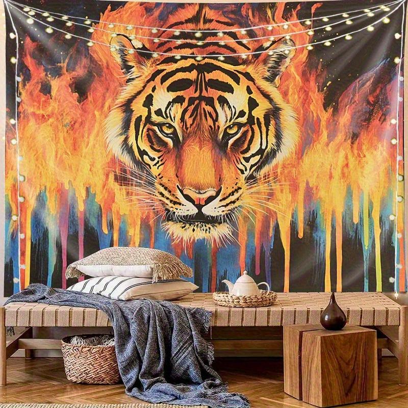 1pc Colorful Tiger Tapestry Wall Decor Peach Light Beige Polyester Fabric Vibrant Tiger Head Flames Design Horizontal Indo