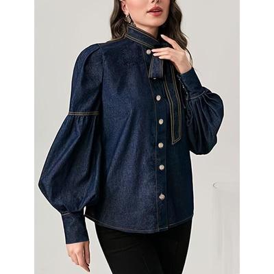 2025 Trendy Women's European Style Denim Shirt with Lace-Up Bow Tie