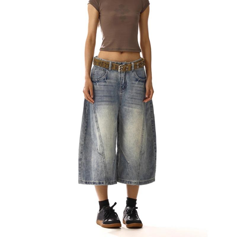 Women Baggy Wide Leg Denim Culottes Vintage Washed Loose Cropped Jeans