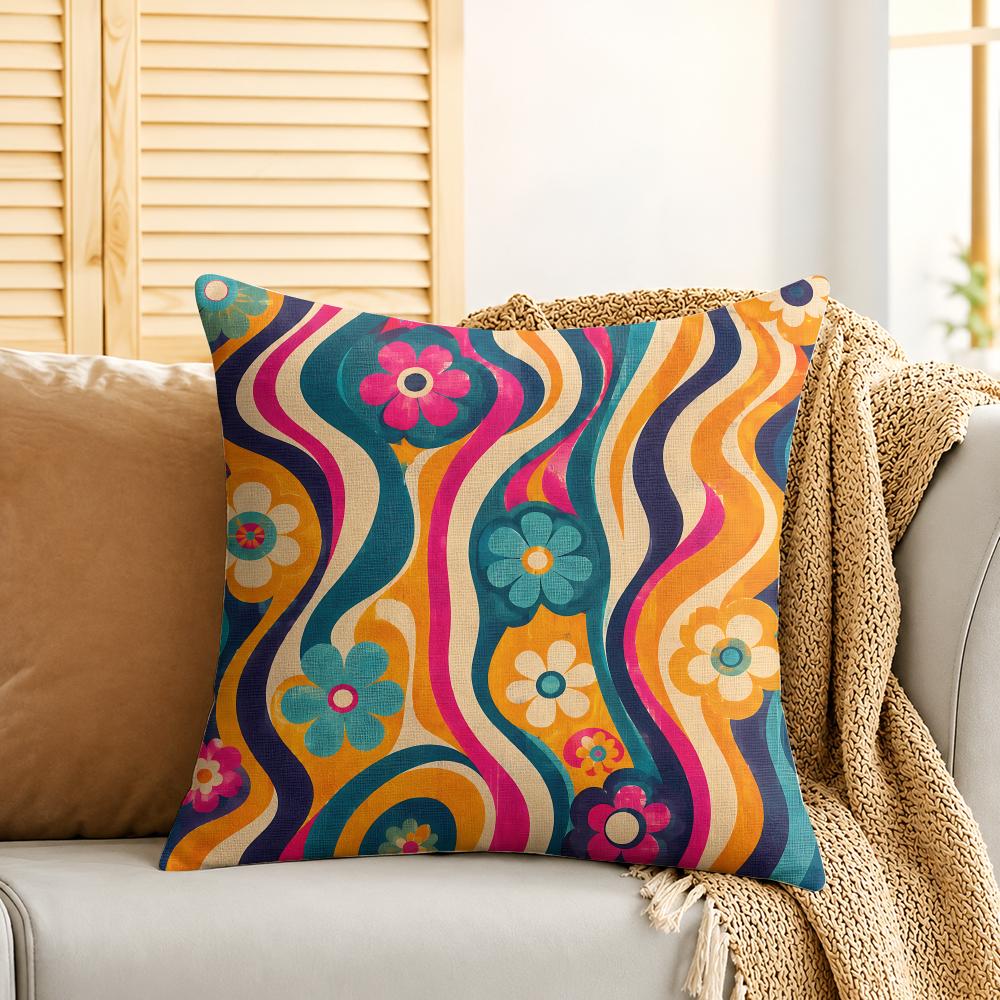 Groovy Retro Blumen Kissenbezug Seidiger Kurzer Plüsch Unsichtbarer Reißverschluss Staubdicht Sofakissenbezug Für Heimdekoration