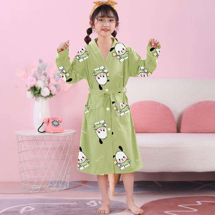 Girls' Combed Cotton Long-Sleeve Pajama Robe - Spring/Summer Bathrobe for Kids, Cute Sleepwear for Middle and Big Girls