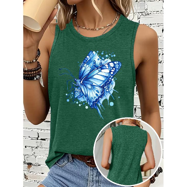 Blue Ink Wash Butterfly Print Women Sleeveless Vest Round Neck Skin Friendly Medium Elastic Casual Daily Tank Top