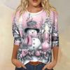 Women's Casual Christmas Print Three-Quarter Sleeve Neck Loose Fit Shirt