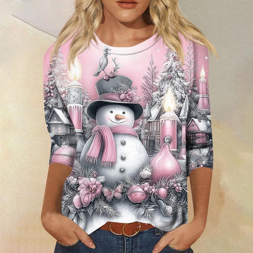 Women's Casual Christmas Print Three-Quarter Sleeve Neck Loose Fit Shirt