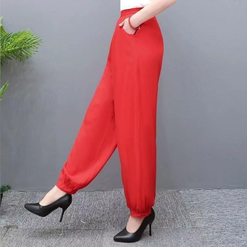 Summer Thin Cotton Silk Mother Pants Solid Color Bloomers Large Size Wide-leg Women's Pants Elastic Waist Trousers