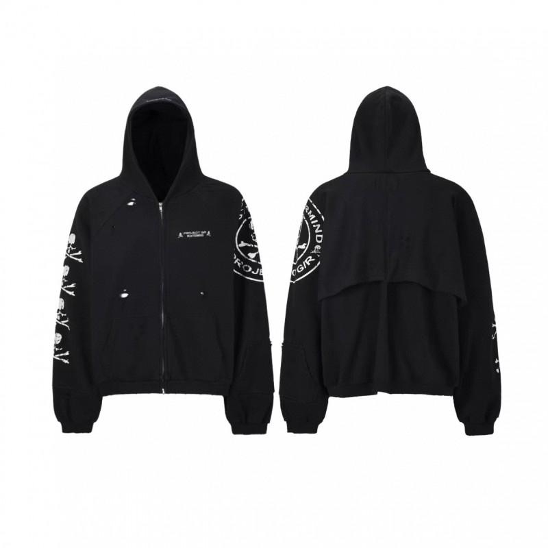 Unisex Bol Kesim Yıpratılmış Yıkanmış Fermuarlı Kapüşonlu Sweatshirt Kurukafa Baskılı Pamuk Karışımı Kışlık Sokak Giyimi