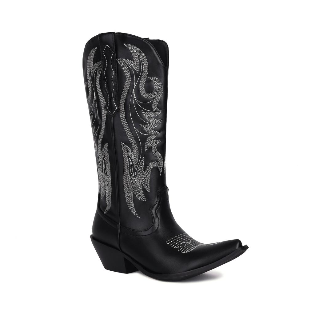 Fashion IPPEUM Silver Metallic Cowboy Boots Knee High Embroider Chunky Heel  Cowgirl Shoes Mid Calf Western Botas Cowboy Mujer