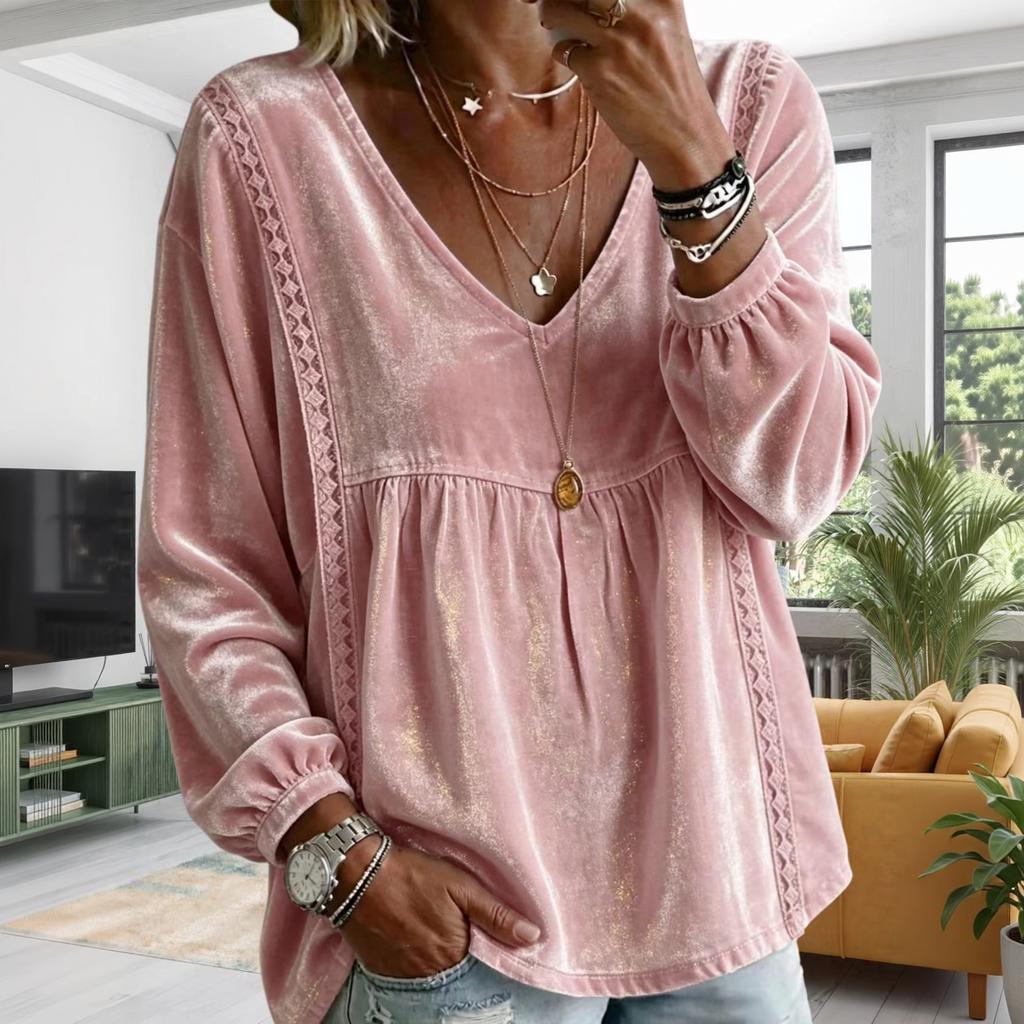 Women's V-Neck Lace Long Sleeve Blouse - Color Loose Fit Top for Everyday Wear