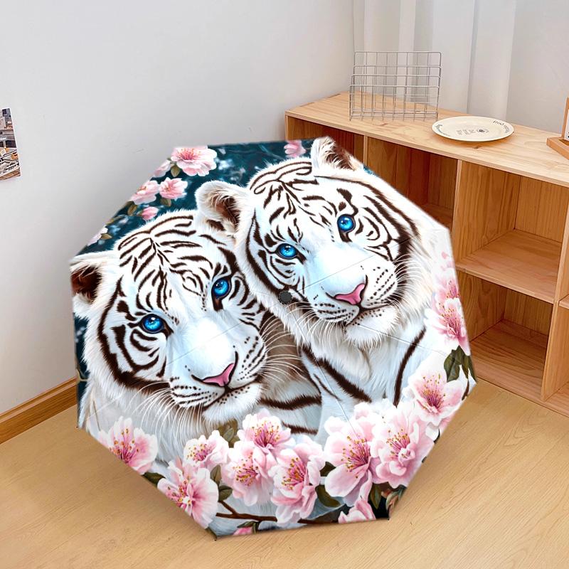 1 PC Automatic Folding Umbrella - White Tiger Pattern, Portable & Foldable Design with 8 Ribs, Christmas Birthday Gifts