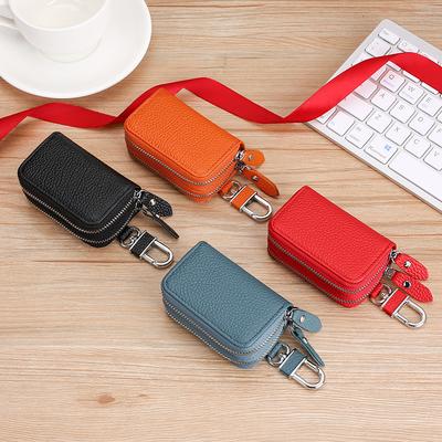 Double Zipper Leather Car Key Bag, Cowhide Key Protective Cover, Cow Neck Pattern Change Bag, Car Key Cover.