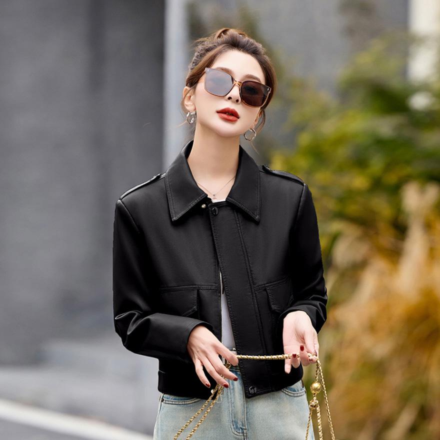 

Повседневная темпераментная короткая кожаная куртка женская маленькая весенне-осенняя новая дизайнерская кожаная куртка топ XL чёрный