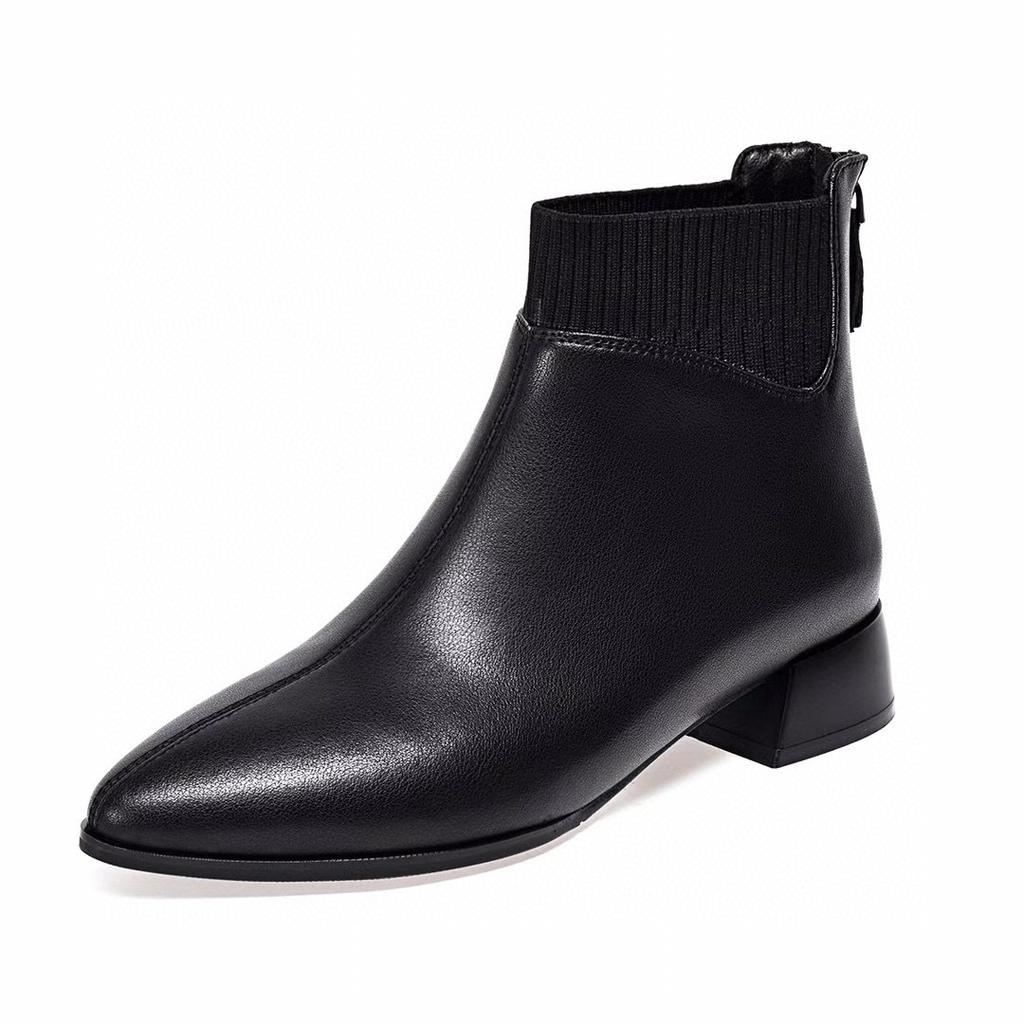Pointed Short Boots Women's Simple Temperament Wool Tube Low Heel Leather Boots Rear Zipper Fashion Boots