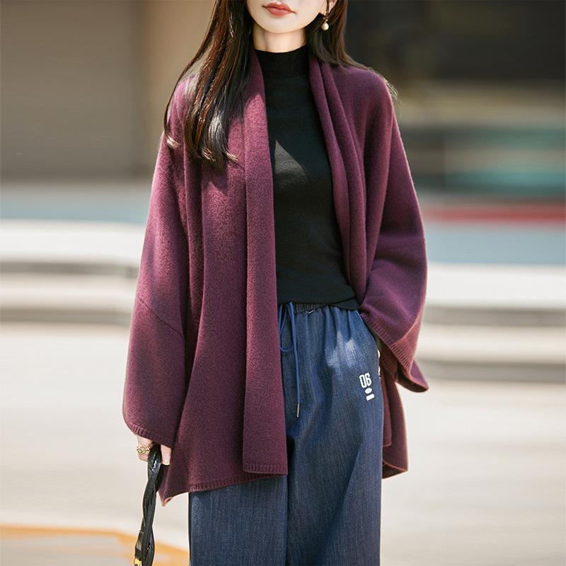 Women's 100% Wool V-neck Loose Knit Pullover Shawl - Solid Color Casual Sweater for Autumn/Winter