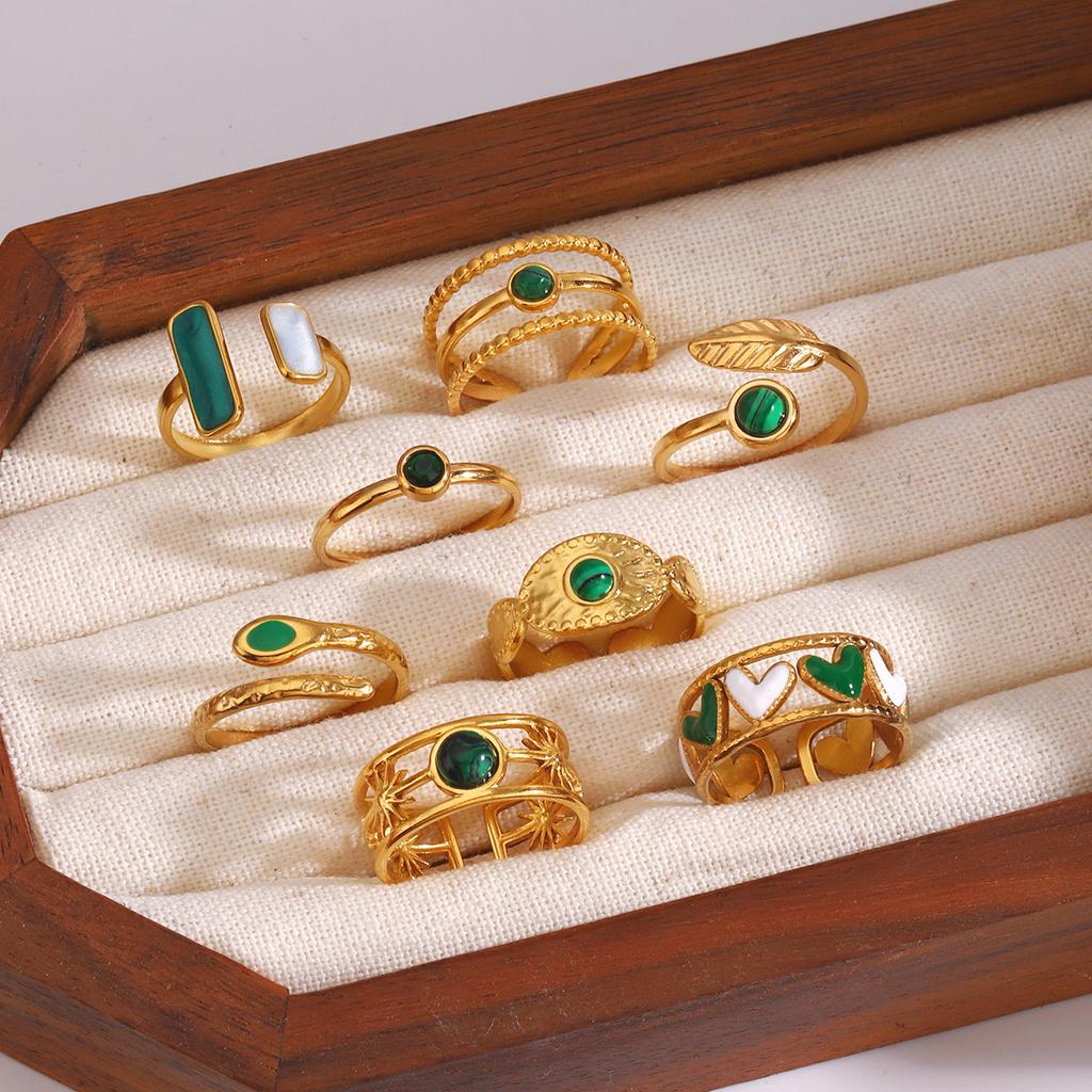Stainless Steel Green Stone Rings for Women Men Vintage Geometric Metal Heart-Shaped Leaf Circular Open Ring Party Jewelry Gifts
