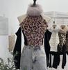 Leopard Print Fluffy Off-Shoulder Long Sleeve Halter Neck Women's Retro Short Top