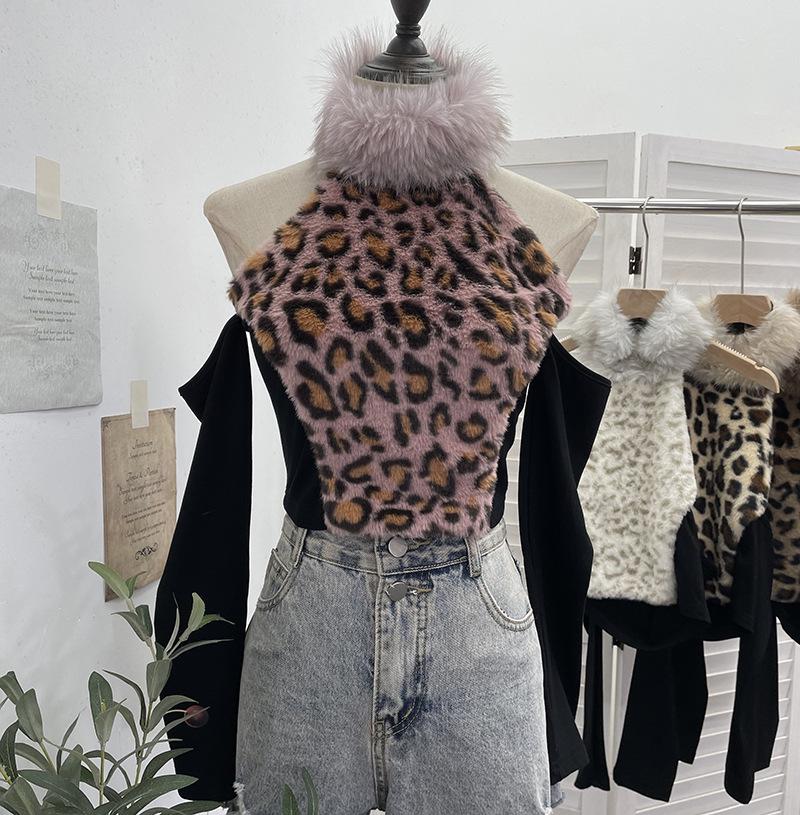 Leopard Print Fluffy Off-Shoulder Long Sleeve Halter Neck Women's Retro Short Top