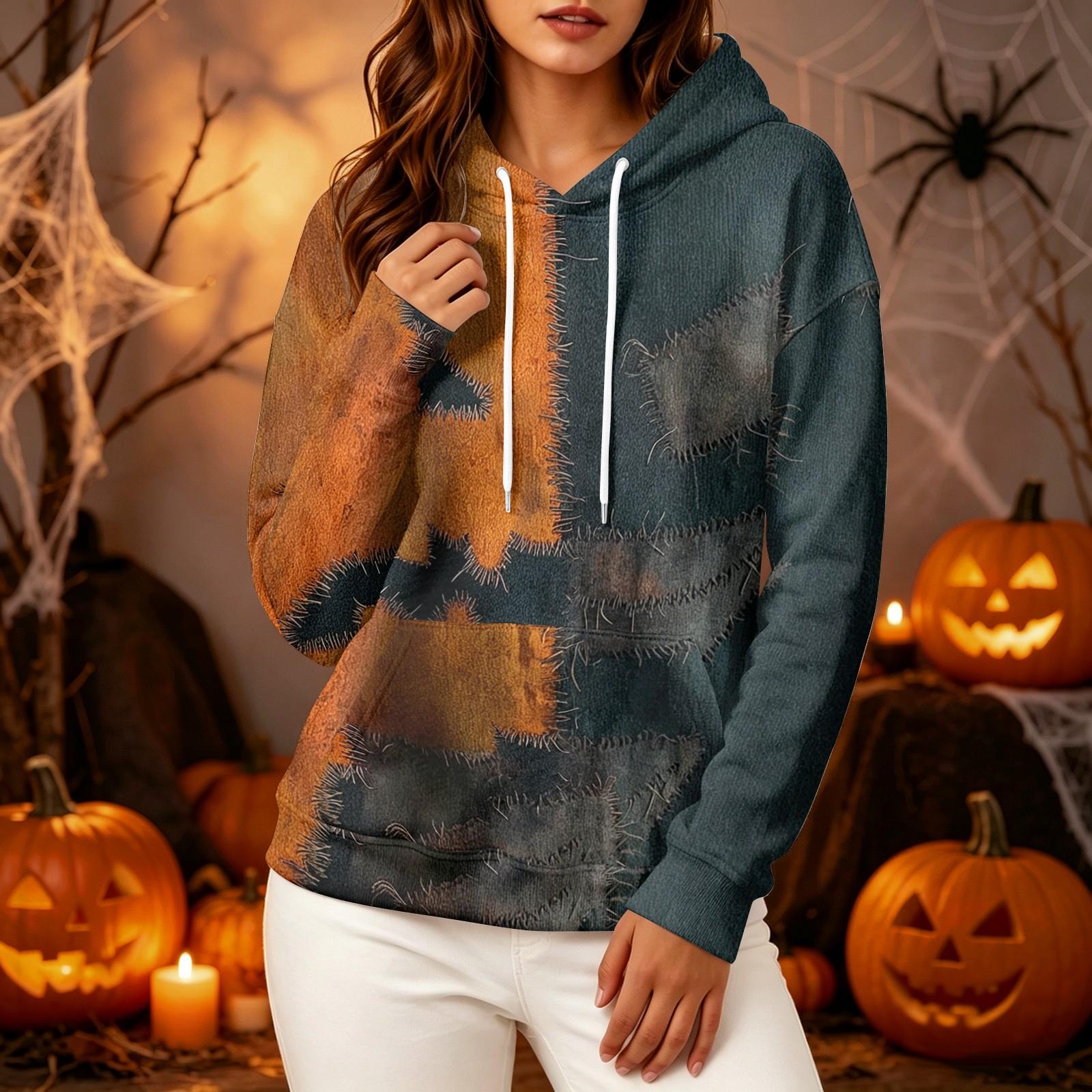 Women s Long Sleeve Pullover Hoodie with Halloween Print for Casual Outings S